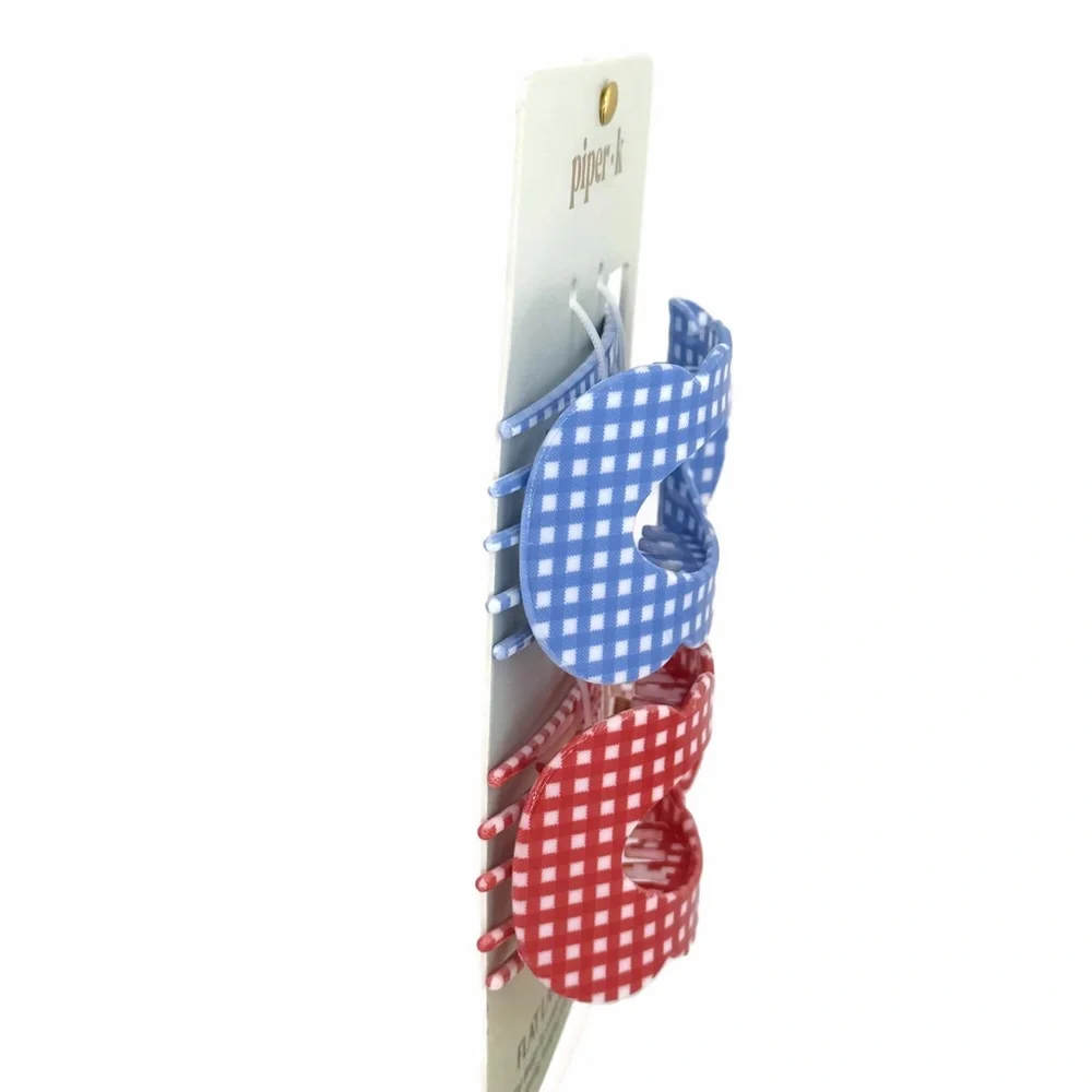 Piper K Americana Checkered Flat Lay Hair Claw Clips Set of 2 Red White Blue